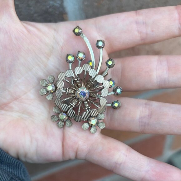 Vintage Floral Brooch with Iridescent Aurora Borealis Rhinestone Accents - Picture 2 of 6